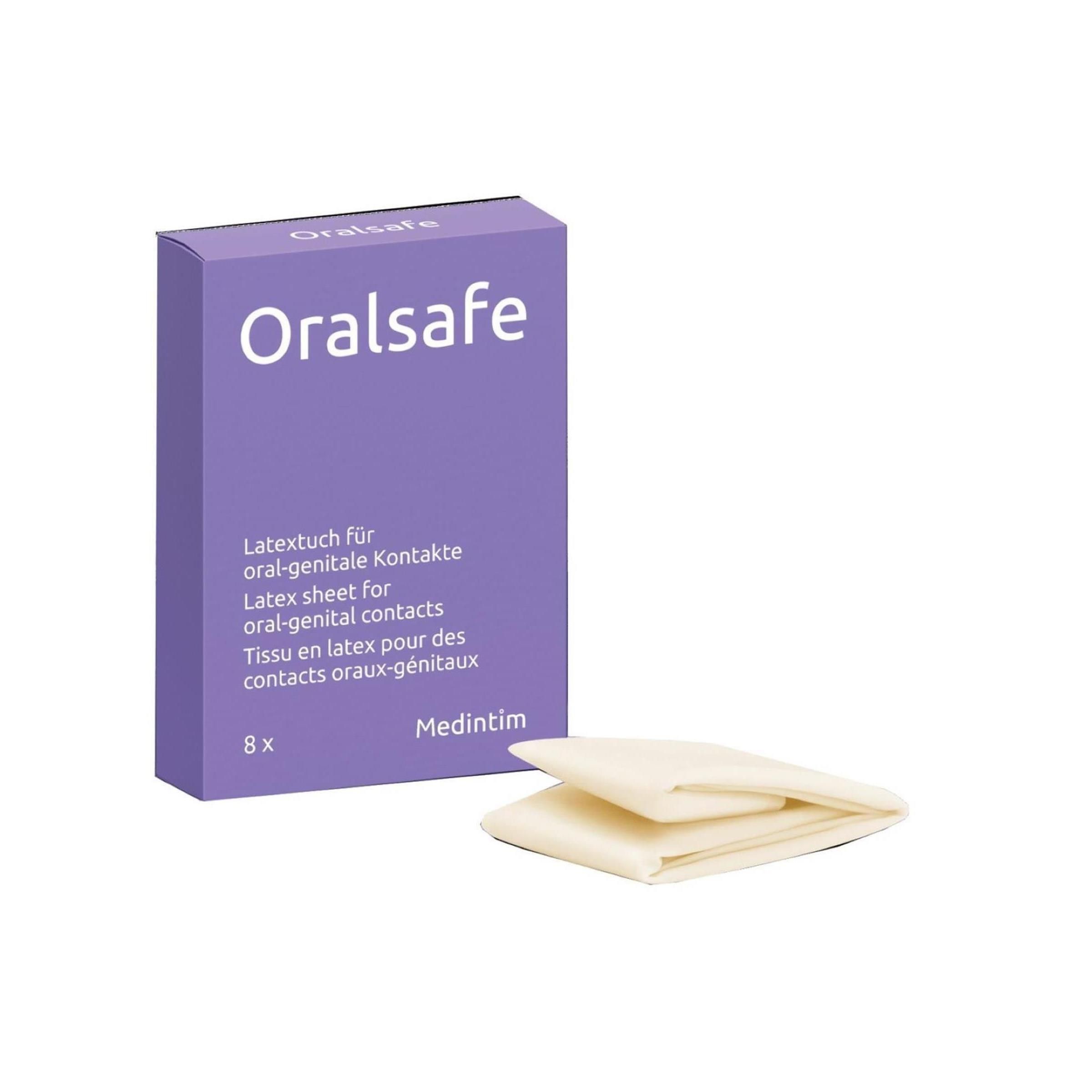 Lila Schachtel mit weißem Schriftzug "Oralsafe". Darunter Latex-Tücher. 8 Stück. Medintim.
