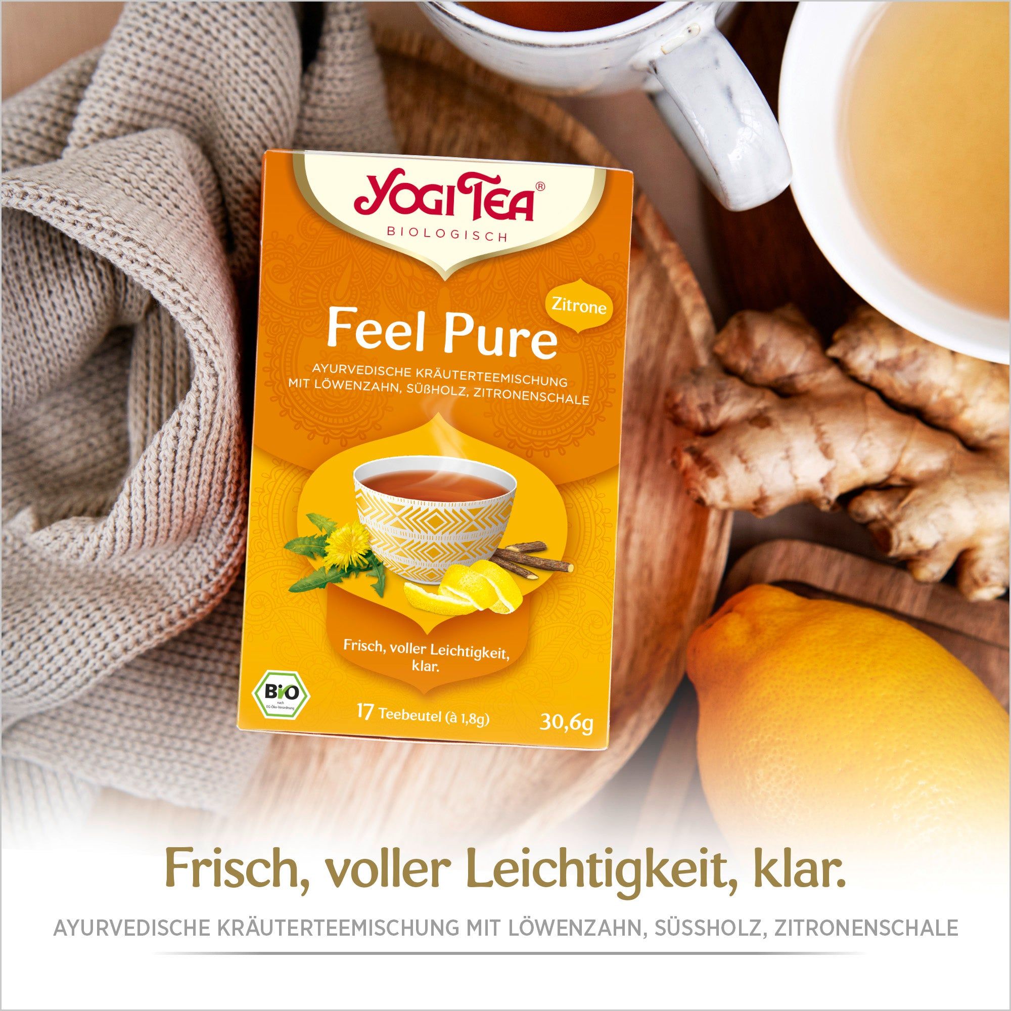Yogi Tea Feel Pure Packung. Aufdruck: Zitrone, 17 Teebeutel, Bio-Siegel.