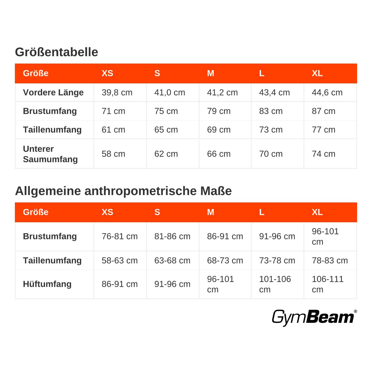 Größentabelle für Damenbekleidung mit Maßen in cm für verschiedene Größen.