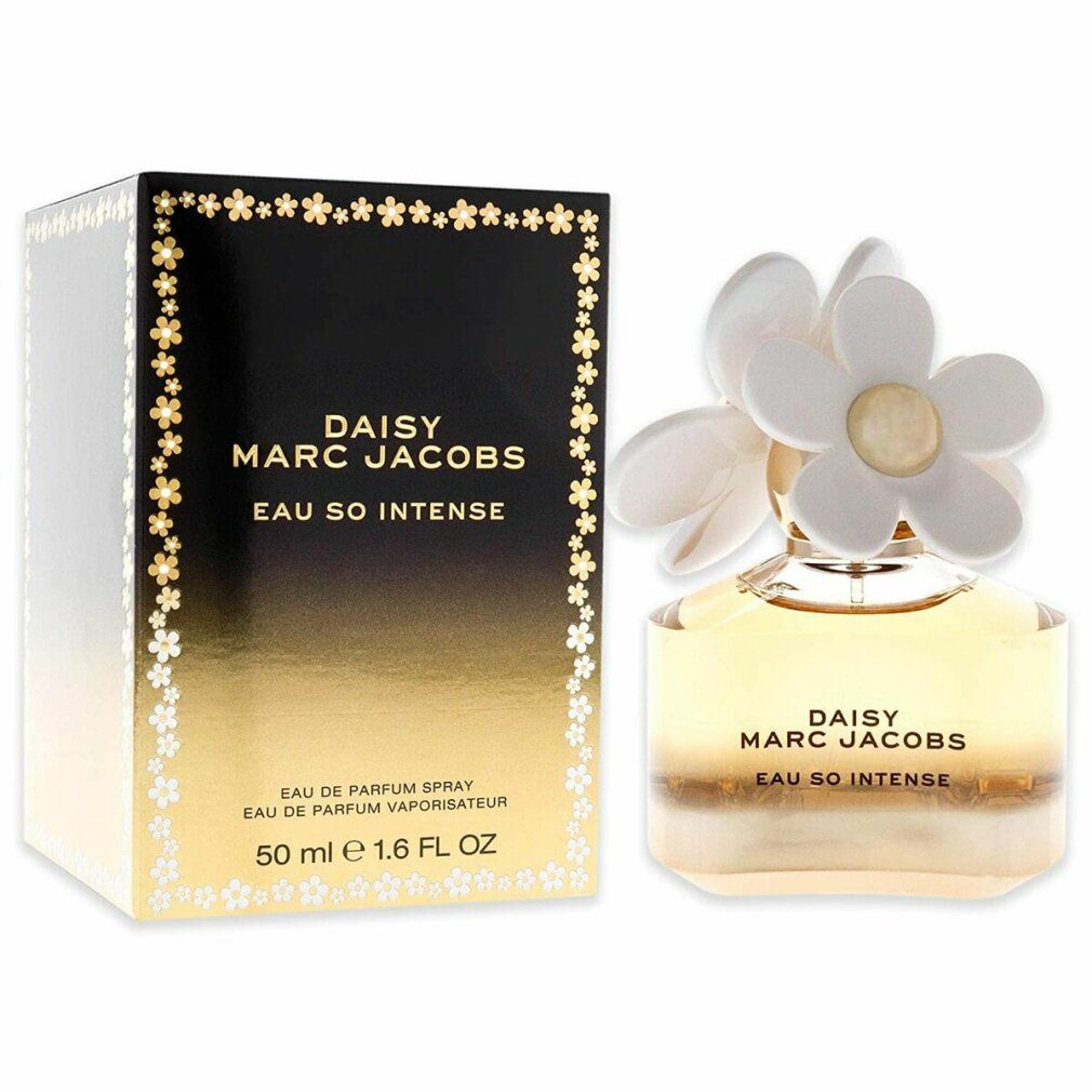 Goldener Flakon und Schachtel. Aufschrift: Daisy Marc Jacobs Eau So Intense. 50 ml.