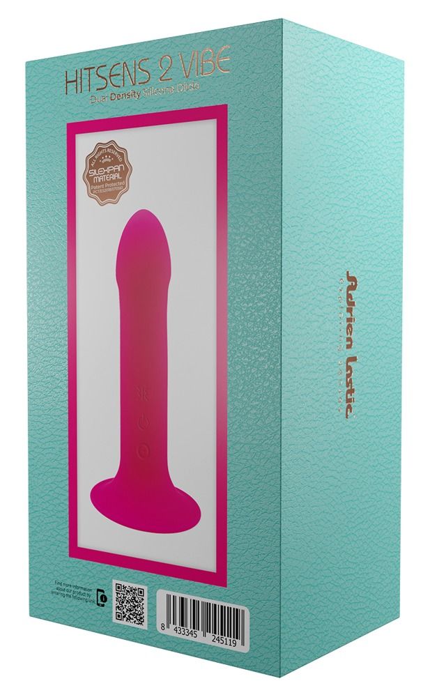 Rosa Vibrator mit Saugnapf in Verpackung. Text: HITSENS 2 VIBE, Adrien Lastic.