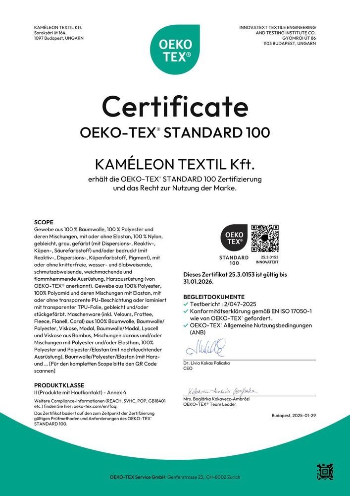 Oeko-Tex Standard 100 Zertifikat. Weißes Papier mit Text und Logo. Zertifiziertes Textilprodukt.