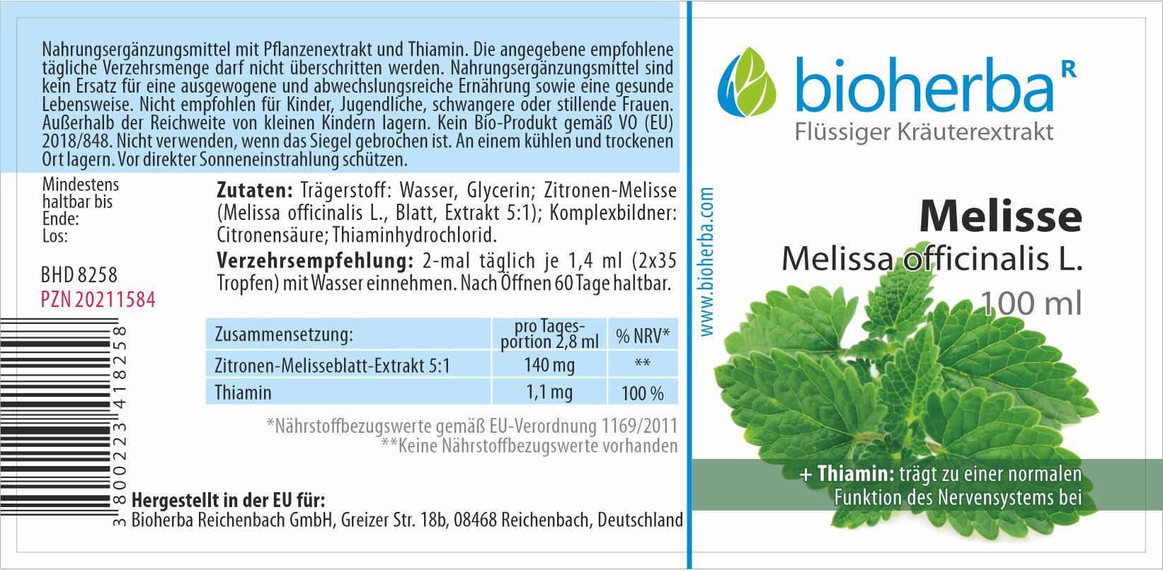 Etikett mit Produktinformationen. Bioherba Melisse Tinktur. Zutaten, Nährwertangaben, Verzehrempfehlung. Flasche mit 100 ml.