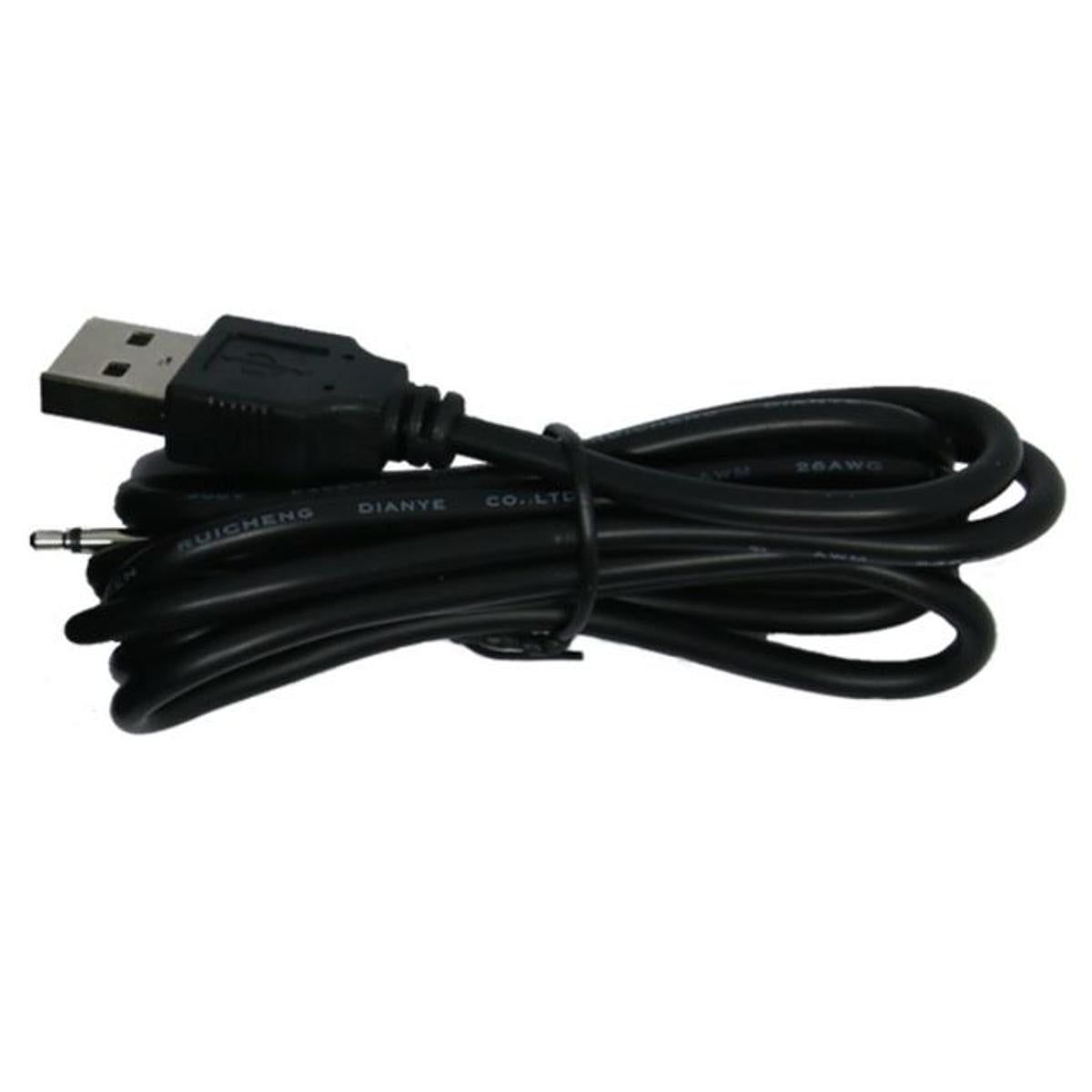 Schwarzes USB-Kabel mit 3,5-mm-Stecker. Zum Aufladen von Geräten.