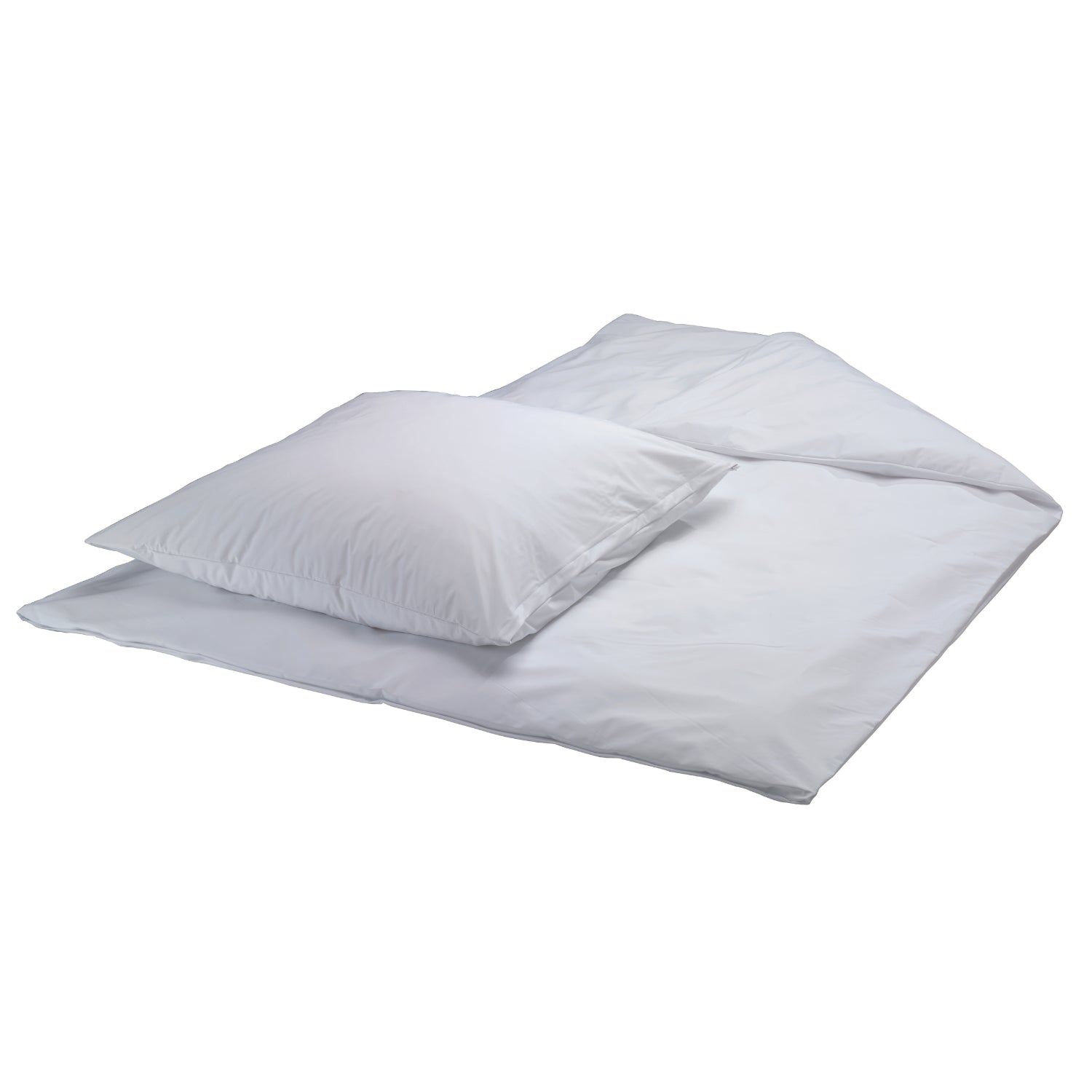 Weißer Bettdecken-Bezug mit Kissenbezug. PVC-Material. Liegend.