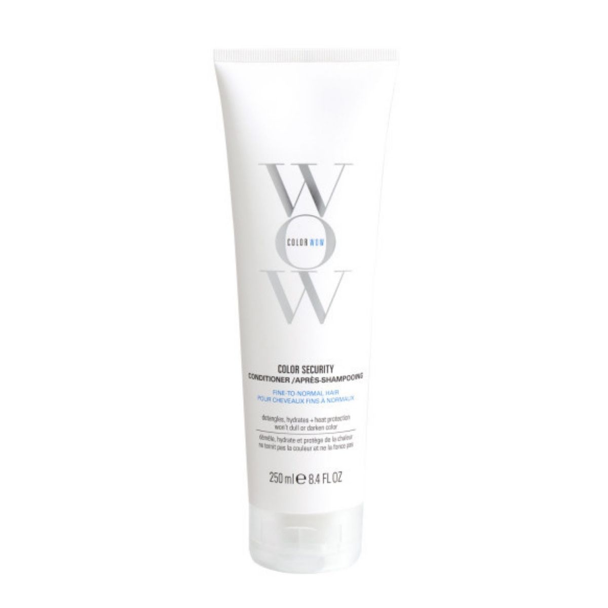 Weiße Tube mit WOW-Logo, Produktinformationen für Color Security Conditioner/Shampoo.