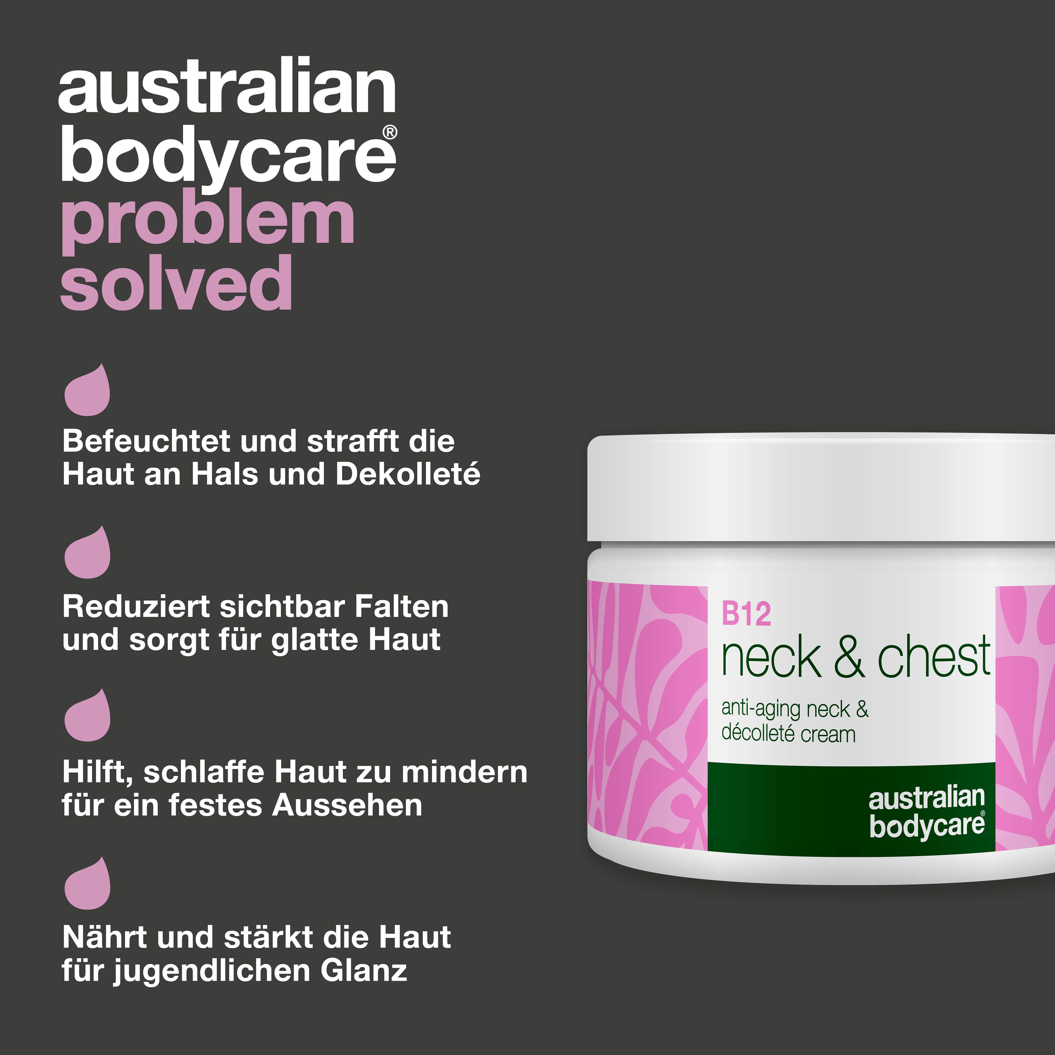 Australian Bodycare B12 Creme. Text: Hydratisiert, reduziert Falten, strafft, nährt. Produkt neben Text.