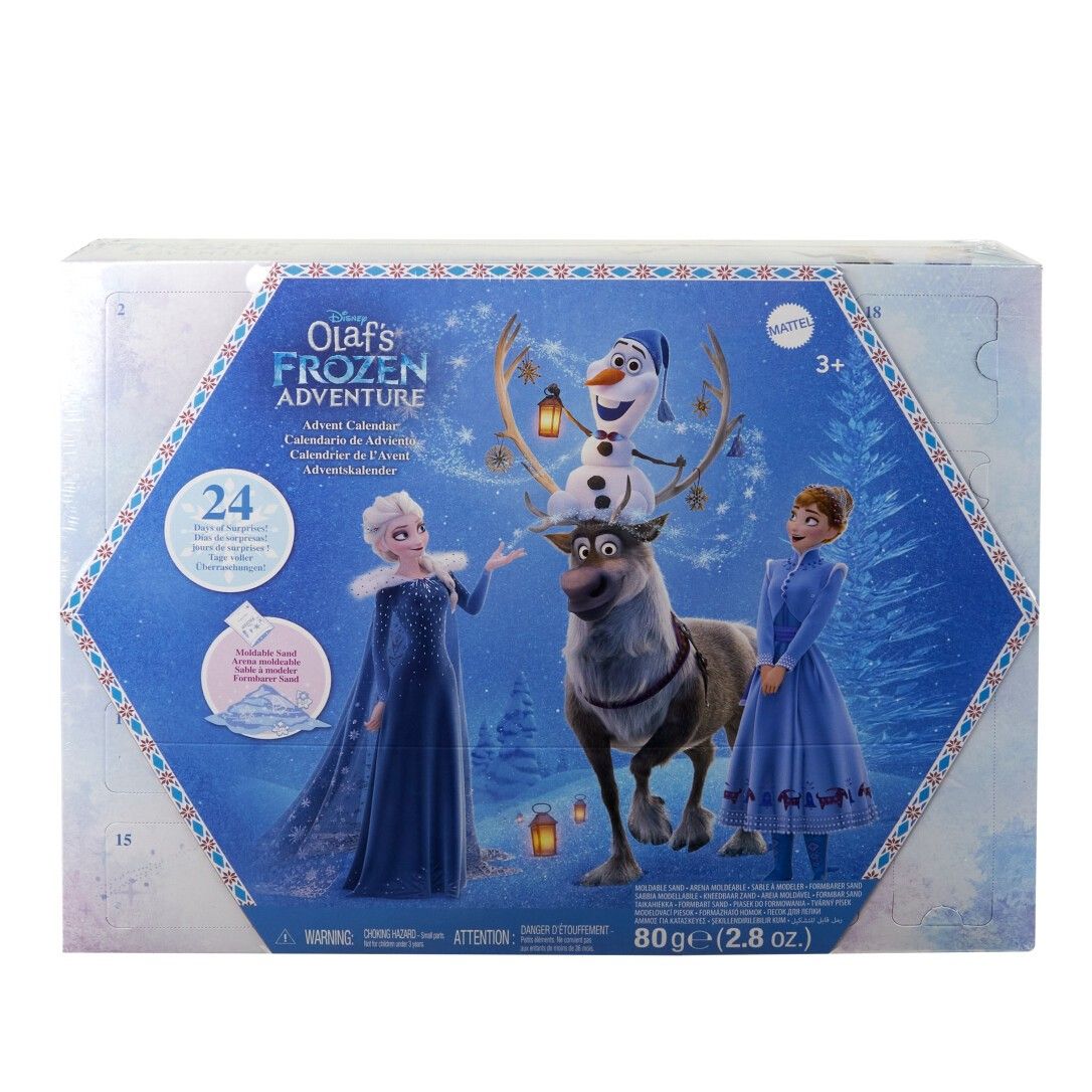 Adventskalender mit Figuren aus dem Film "Die Eiskönigin". Verpackung mit Figuren von Elsa, Olaf, Sven und Anna. Enthält 24 Türchen.