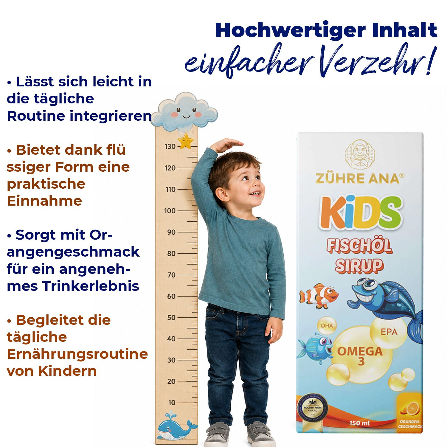 Zühre Ana Kids Fischöl Sirup Flasche neben einem hölzernen Höhenmessstab mit einem Kind.