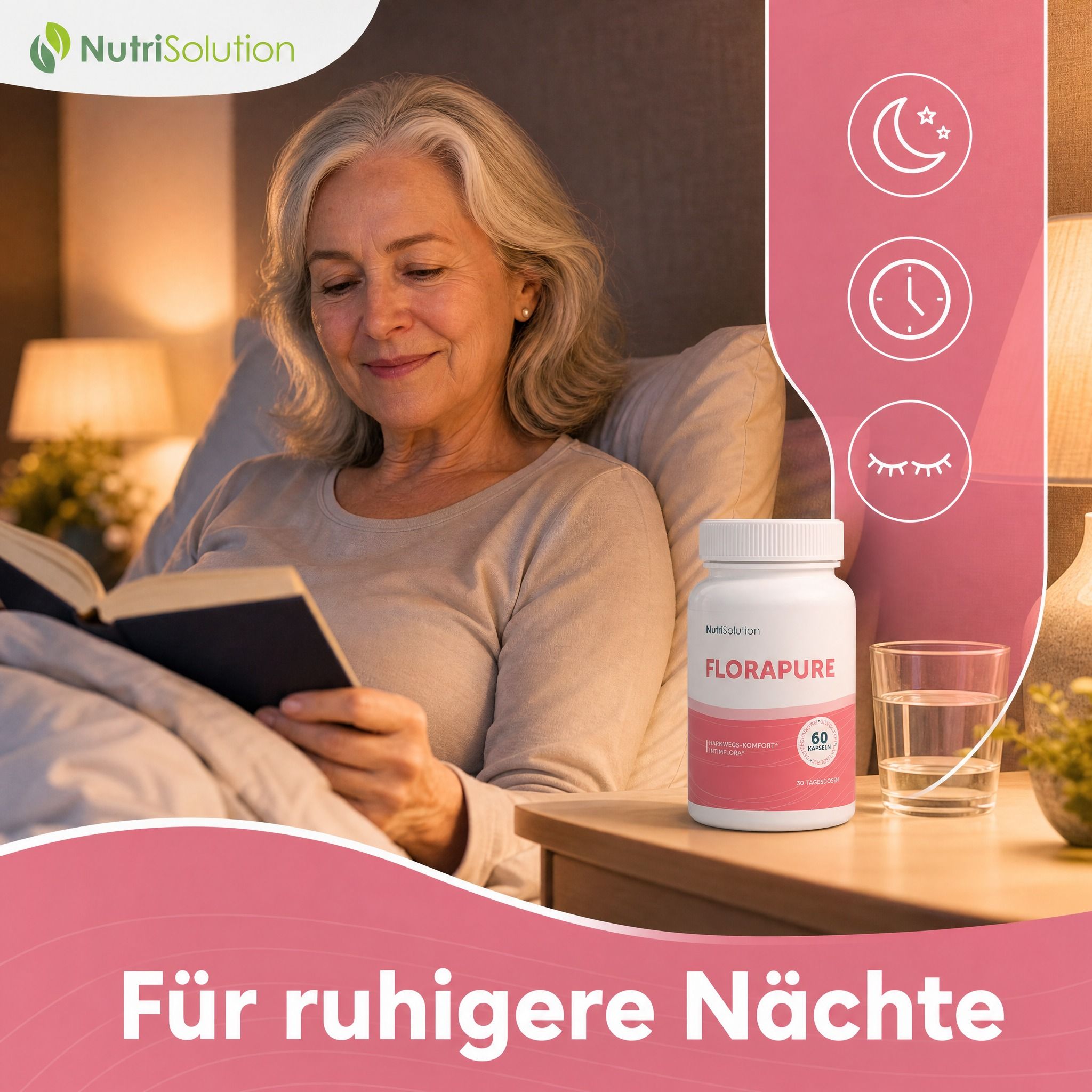 Frau liest im Bett neben NutriSolution FloraPure Dose. Icons zeigen Nacht, Uhr, Schlaf.