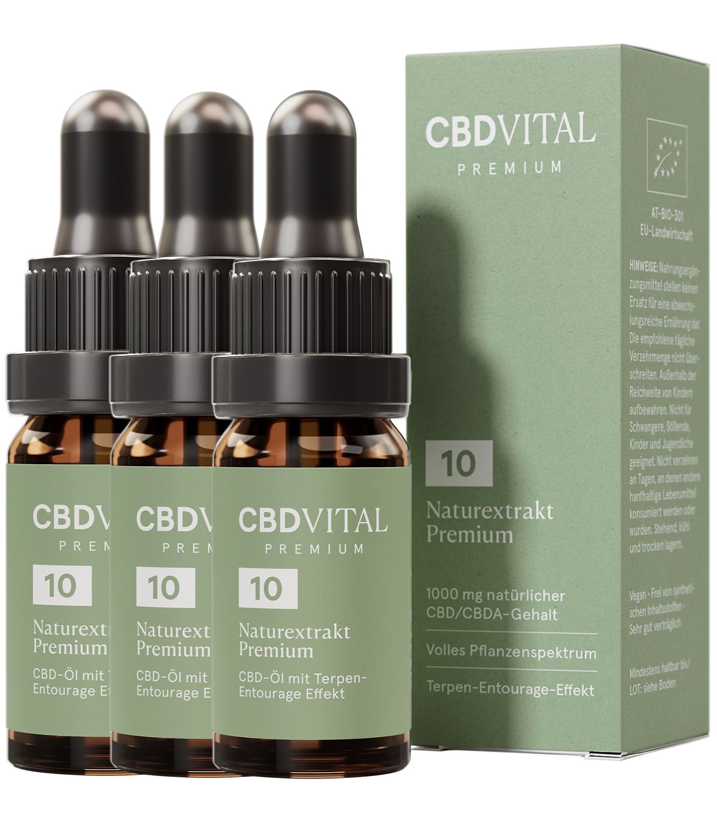 Drei Flaschen CBD VITAL Bio CBD 10% Naturextrakt Premium Hanföl mit Pipettenverschluss und Umverpackung.