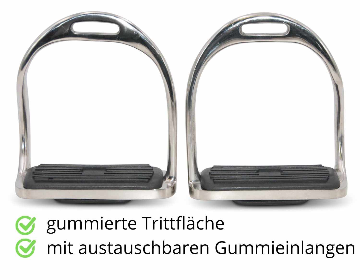 Zwei silberfarbene Steigbügel mit schwarzen, gummierten Trittflächen. Text: gummierte Trittfläche, mit austauschbaren Gummieinlagen.