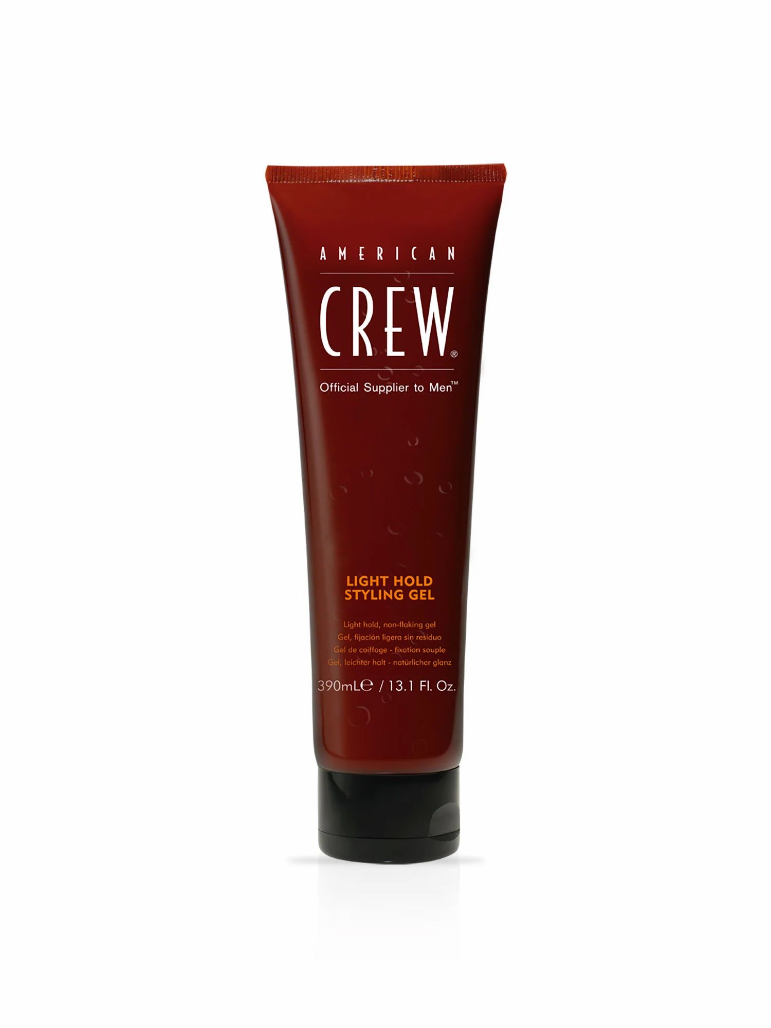 Braune Tube mit schwarzem Deckel. Schriftzug: American Crew, Light Hold Styling Gel. 390ml/13.1 fl. oz.