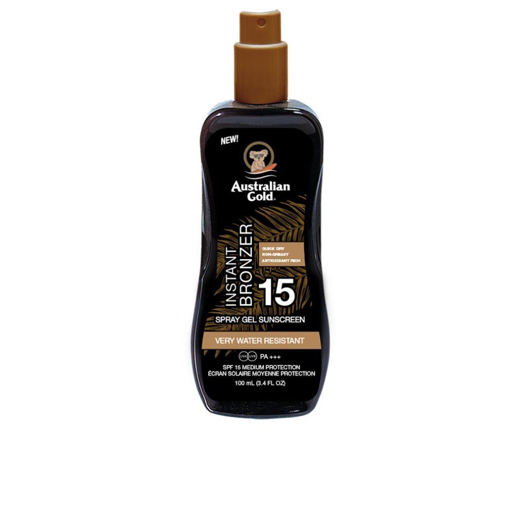 Schwarze Flasche mit Sprühkopf. Aufschrift: Australian Gold, Instant Bronzer, 15, Spray Gel Sunscreen. Wasserfest.