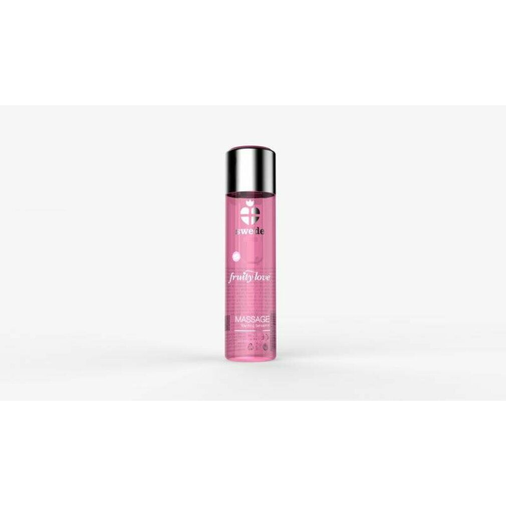 Flasche mit silbernem Verschluss, gefüllt mit rosa Massageöl. Etikett mit der Aufschrift 'swede fruity love massage'.