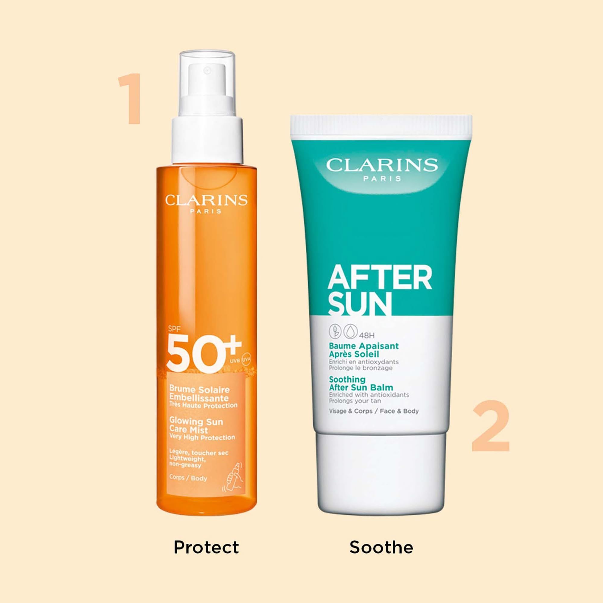 Zwei Produkte nebeneinander. Links: Orangefarbene Sprühflasche. Rechts: Tube. Text: Clarins. Protect & Soothe.