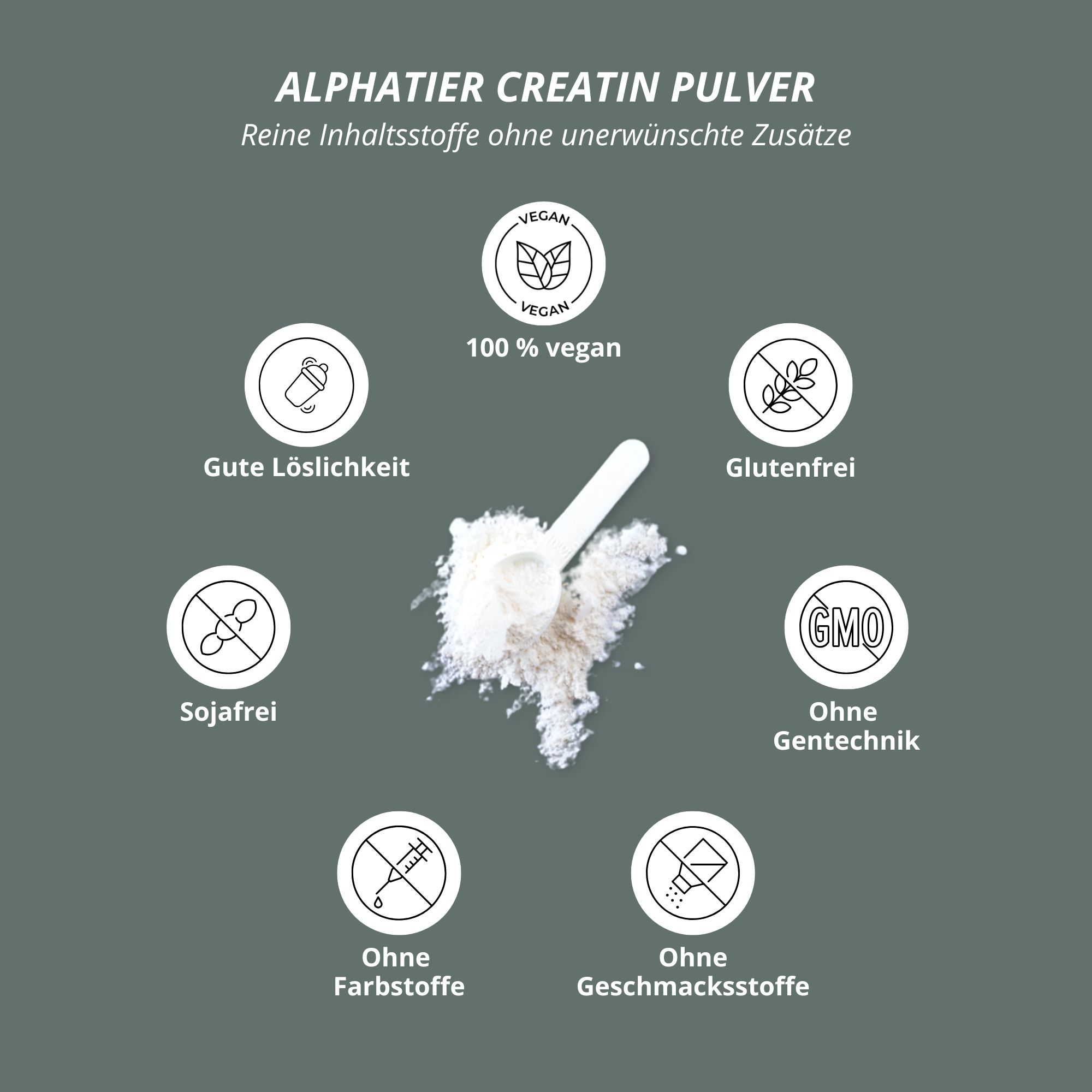 Kreisdiagramm mit Symbolen und Text. Enthält: 100% vegan, gute Löslichkeit, glutenfrei, sojafrei, ohne Gentechnik, ohne Farbstoffe, ohne Geschmacksstoffe.