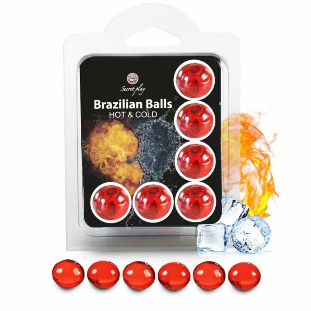 Sechs rote Kugeln in Verpackung. Aufschrift: Brazilian Balls HOT & COLD. Abbildung von Feuer und Eis.
