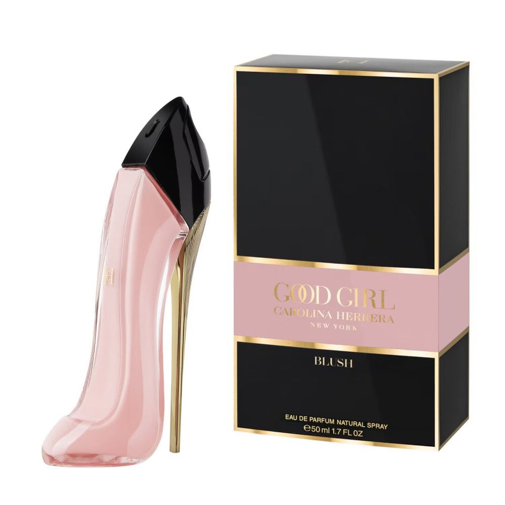 Rosa Schuh-Parfümflakon und schwarze Schachtel mit goldener Schrift. Aufschrift: GOOD GIRL BLUSH, Eau de Parfum.