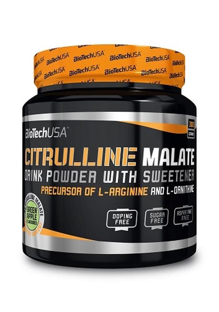 Schwarzes Dose mit orangefarbenem Deckel. Aufschrift: Citrulline Malate, Drink Powder. Grün-Apfel-Aroma. Doping- und zuckerfrei.