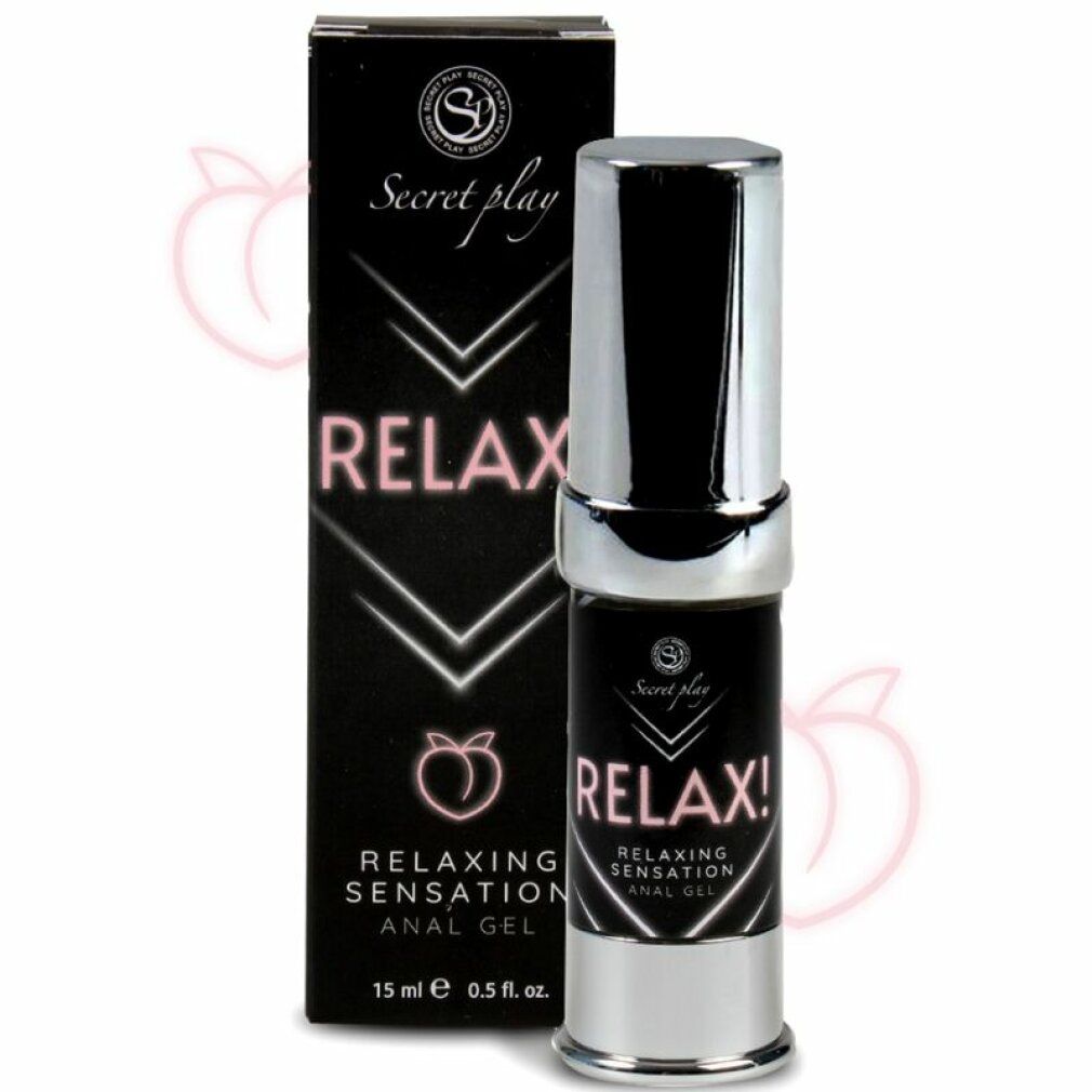 Schwarze Verpackung und Flasche. Aufschrift "Secret Play Relax!" und "Relaxing Sensation Anal Gel". Silberne Kappe und Flaschenboden.