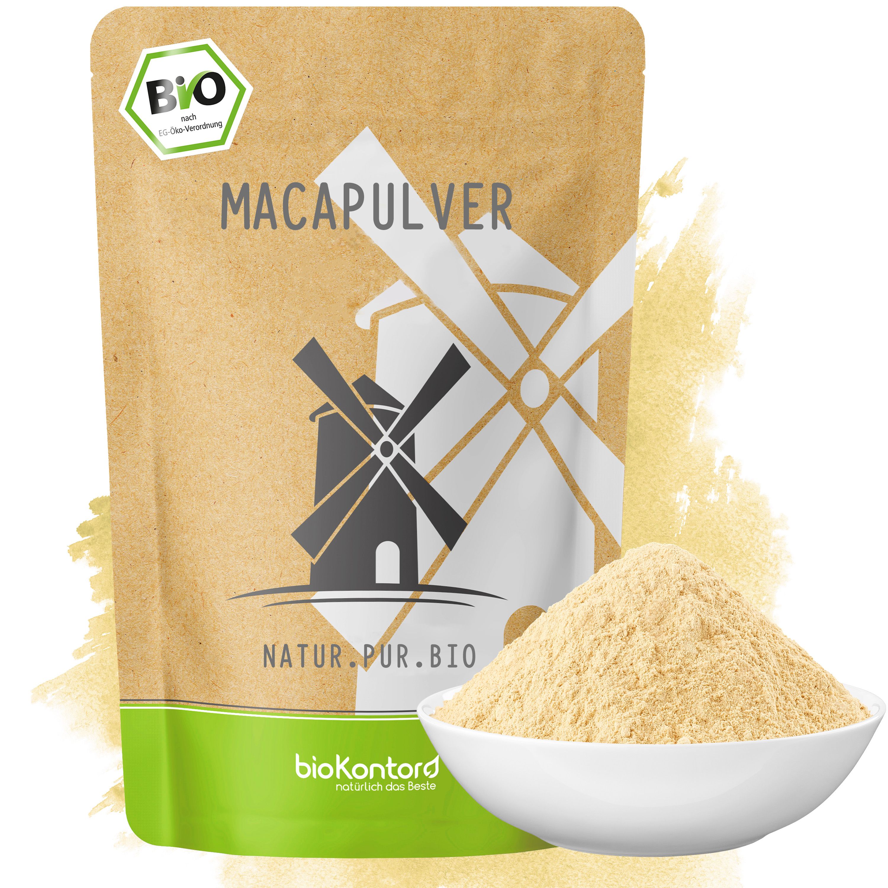 Bio Maca Pulver in brauner Standverpackung mit Windmühlen-Design. Daneben eine Schale mit Pulver.