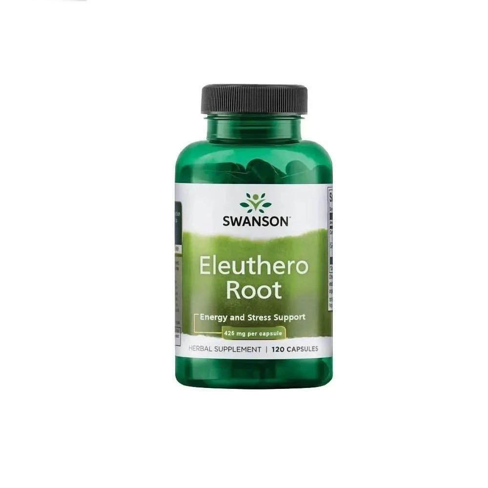 Grüne Flasche mit schwarzem Deckel. Aufschrift: SWANSON Eleuthero Root, 120 Kapseln. Kräuterergänzung zur Unterstützung von Energie und Stress.