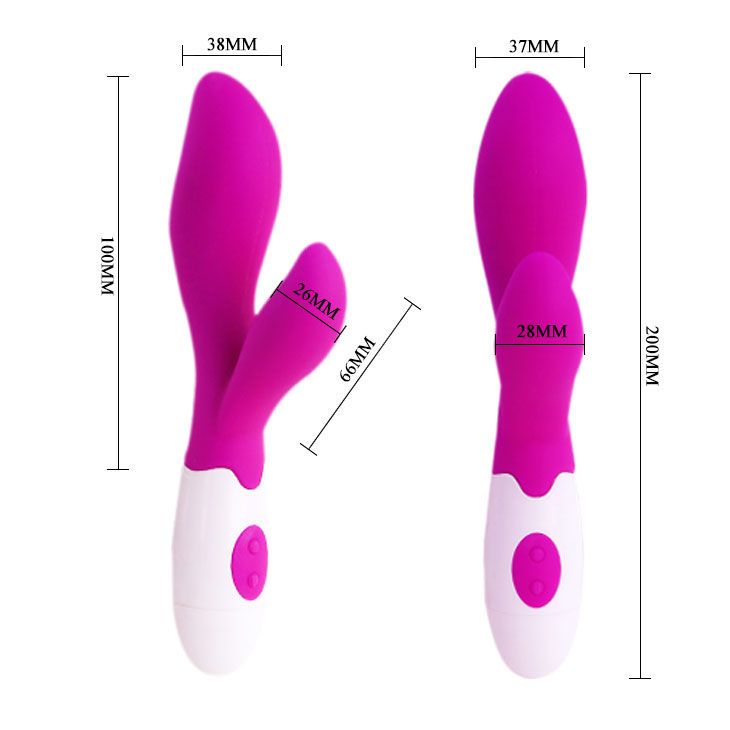 Lila und weißer Vibrator mit zwei flexiblen Stimulatoren und zwei Knöpfen am Griff.