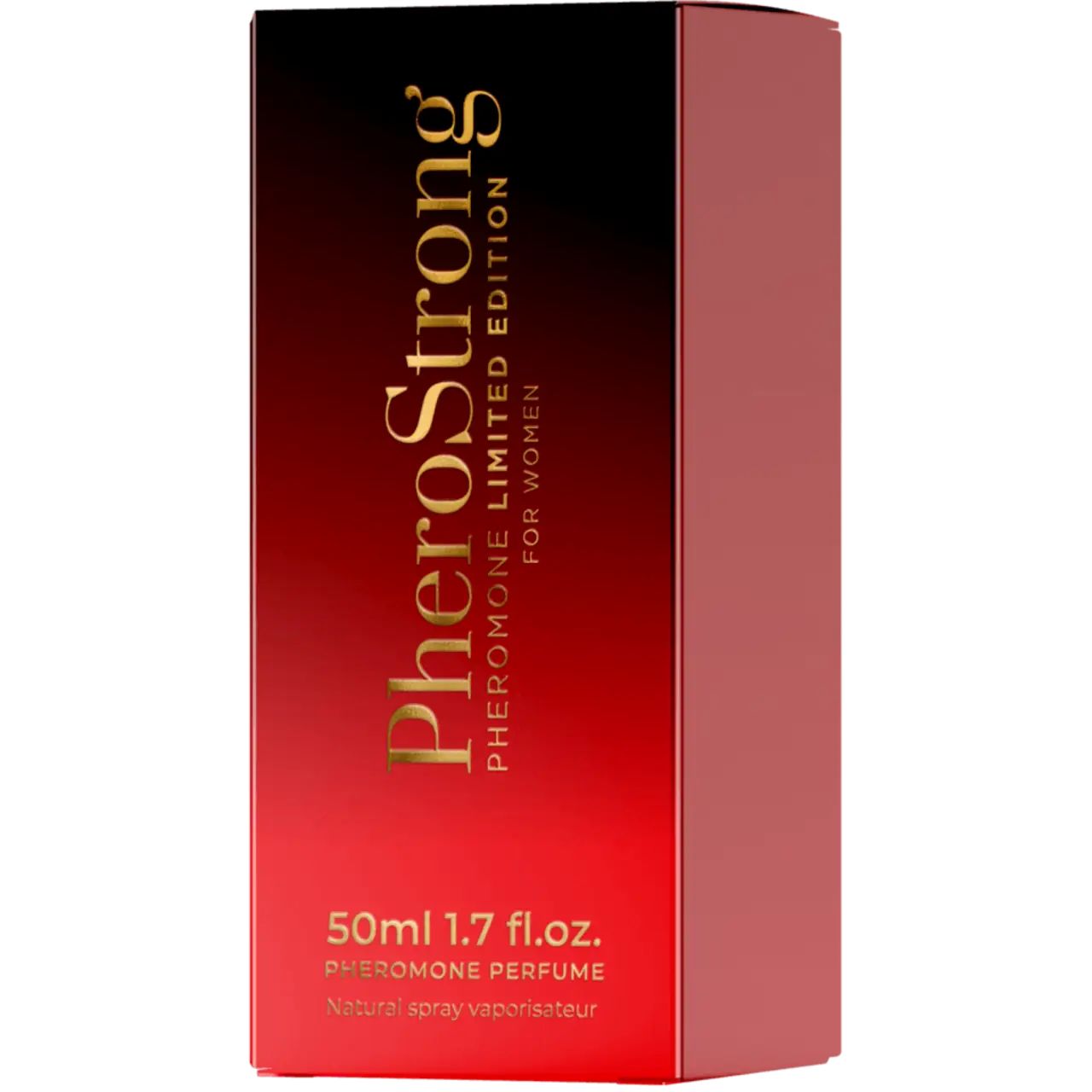 Rote Verpackung mit goldener Schrift. Aufschrift: PheroStrong, Limited Edition für Frauen, 50ml 1.7 fl.oz. Pheromon-Parfüm.