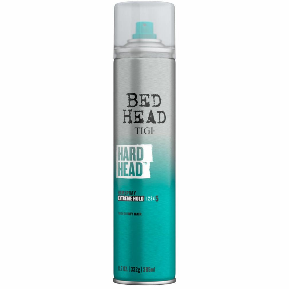 Haarspray-Dose von Tigi Bed Head. Silberne Dose mit türkisfarbenem Boden. Klarer Deckel. Aufschrift: Bed Head, Tigi, Hard Head, Extreme Hold 12345.