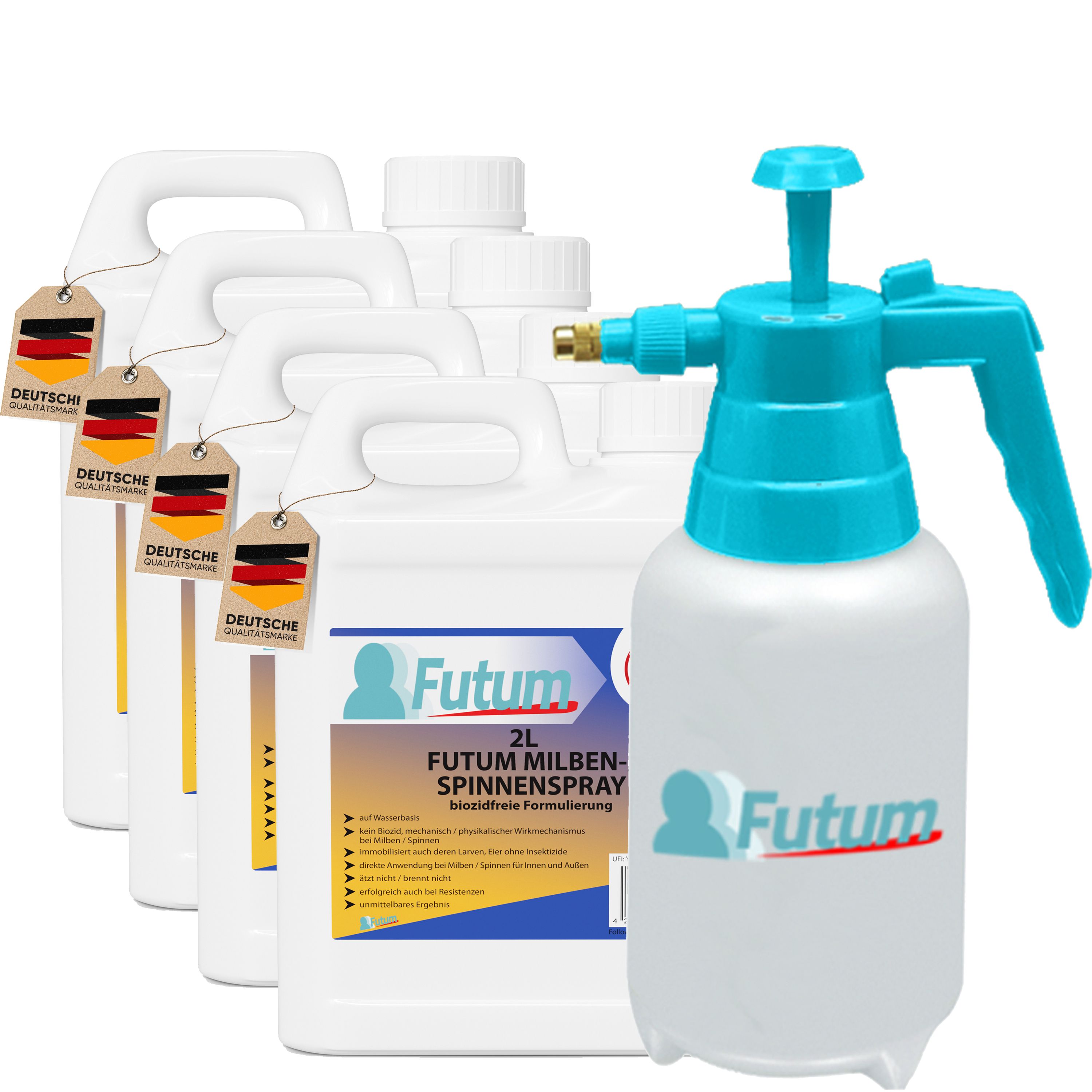 Fünf weiße Kanister mit Griffen und Etiketten, dazu ein Sprühgerät. Auf den Etiketten steht "FUTUM 2L Milben- / Spinnenspray".