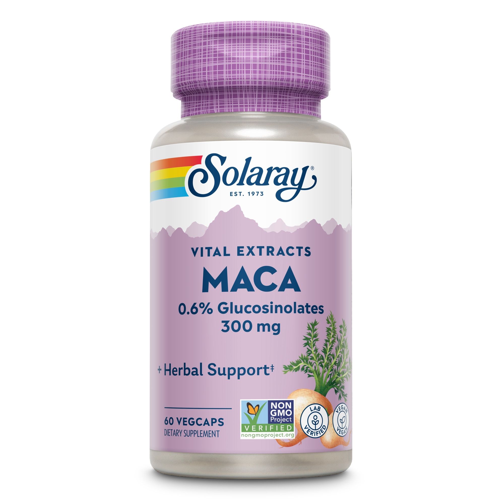 Solaray Maca-Extrakt 300 mg Flasche. Aufschrift: Vital Extracts, Maca, 0.6% Glucosinolates, 60 Vegcaps. Herbal Support.