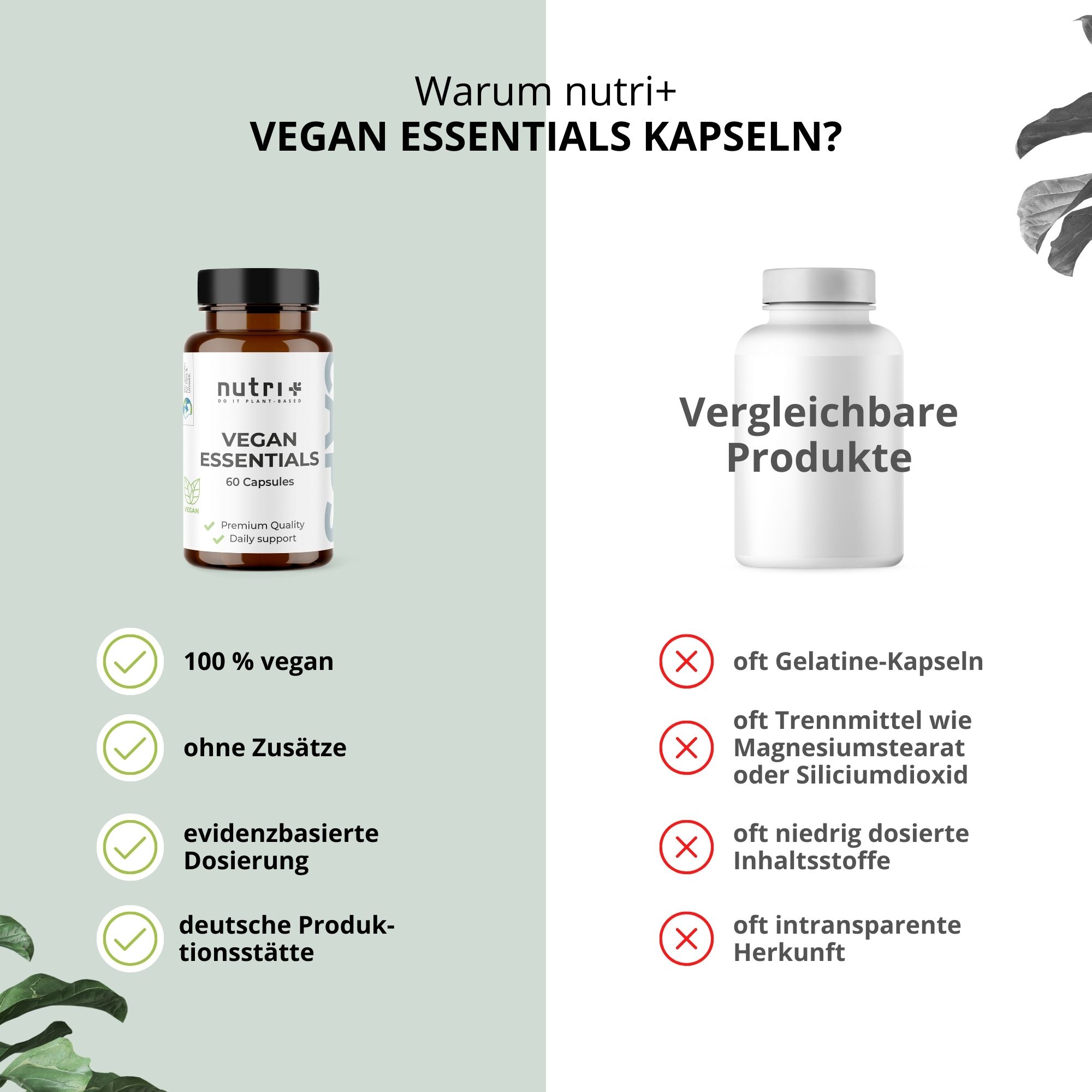 Vergleich: VEGAN ESSENTIALS Vorteile vs. vergleichbare Produkte. 100% vegan, ohne Zusätze, dosiert, deutsche Produktionsstätte.