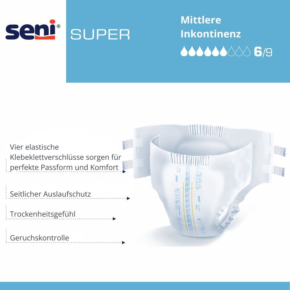 Inkontinenzprodukt, Marke Seni Super. Produkt mit vier elastischen Klettverschlüssen. Seitlicher Auslaufschutz, Trockenheitsgefühl, Geruchskontrolle.