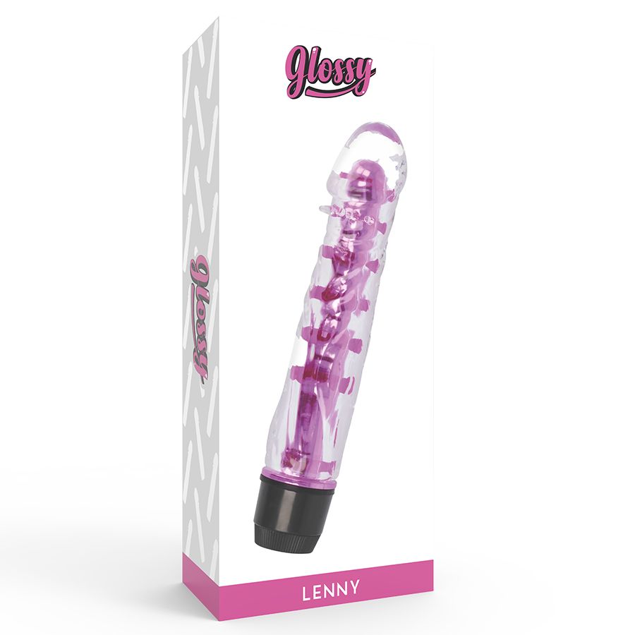 Vibrator in Verpackung. Auf der Verpackung steht "Glossy" und "Lenny".