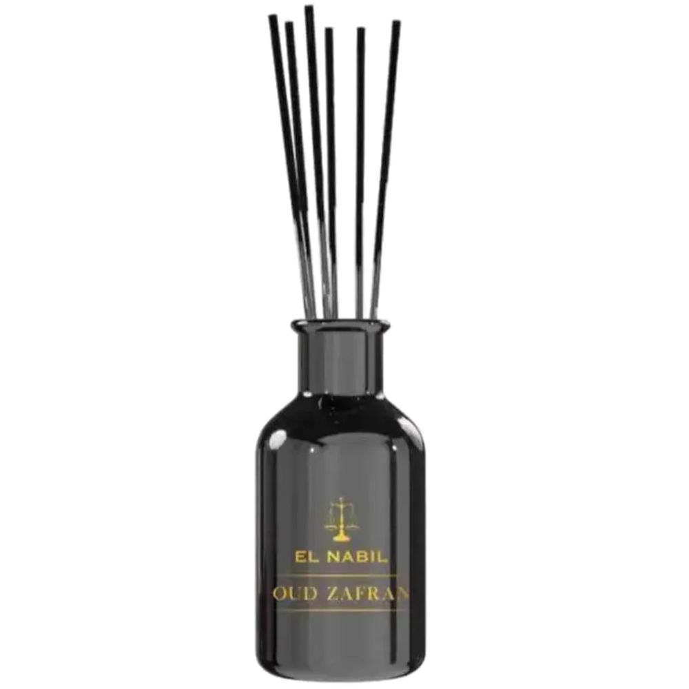 Schwarzer Diffusor mit schwarzen Stäbchen. Aufschrift: EL NABIL, OUD ZAFRAN. Goldfarbenes Logo.