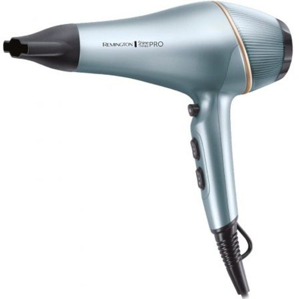 Blau-metallischer Haartrockner. Marke: Remington Shine Therapy PRO. Schwarzes Kabel, drei Schalter.
