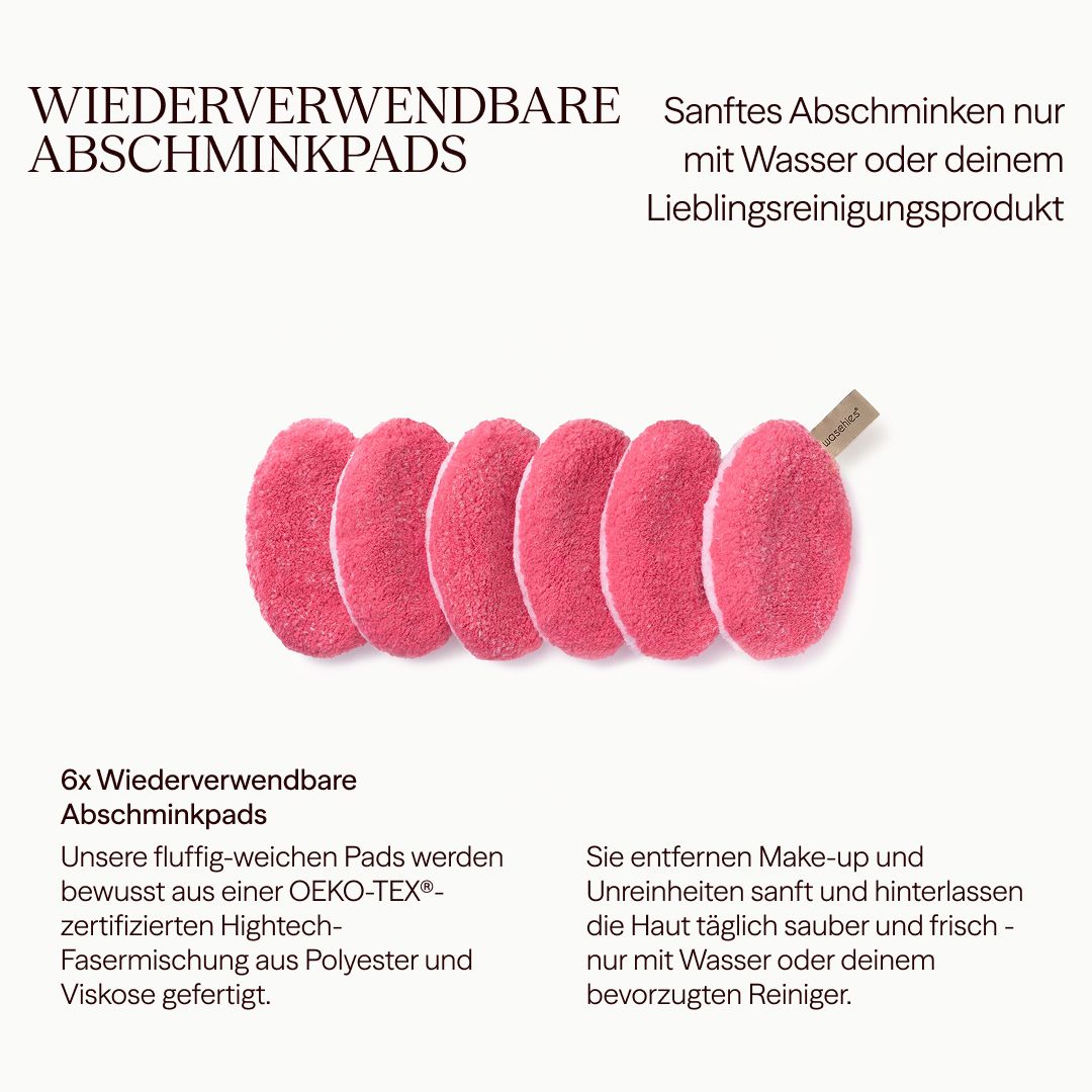 6 rosa, wiederverwendbare Abschminkpads. Text: "Wiederverwendbare Abschminkpads".