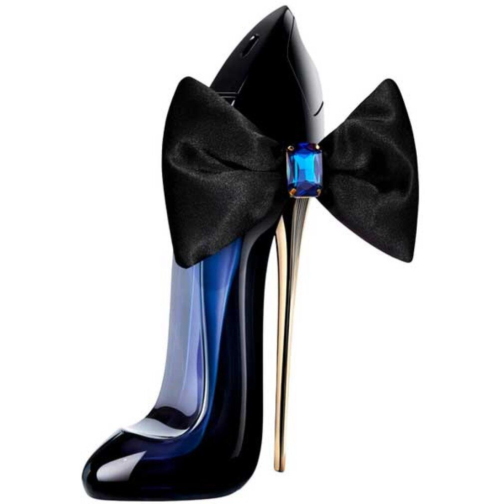 Schwarzer High Heel Flakon mit Schleife und blauer Flüssigkeit. Goldener Absatz und blauer Schmuckstein.