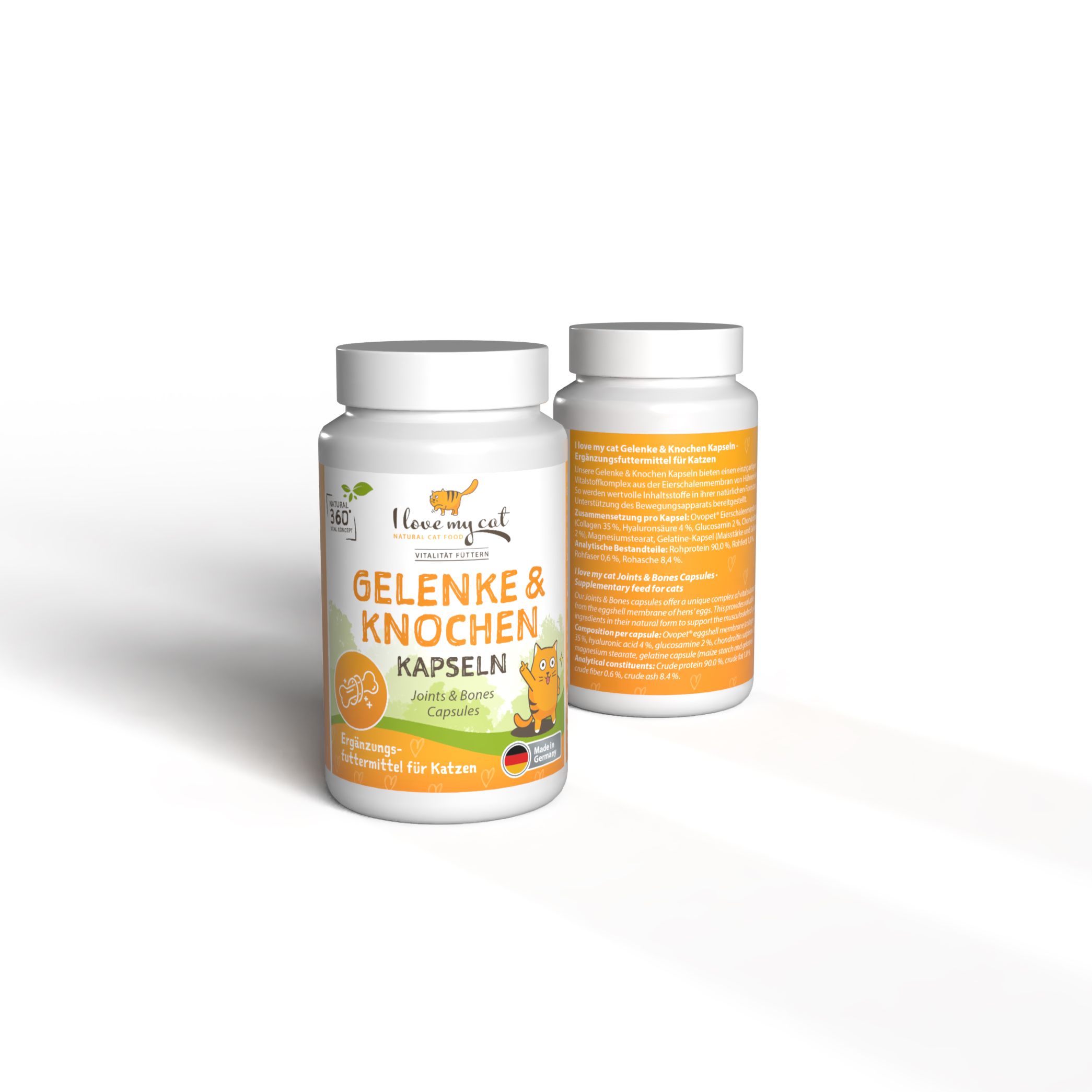 Zwei weiße Flaschen mit "I love my cat" und "Gelenke & Knochen Kapseln" Aufschrift. Orangefarbene Etiketten.