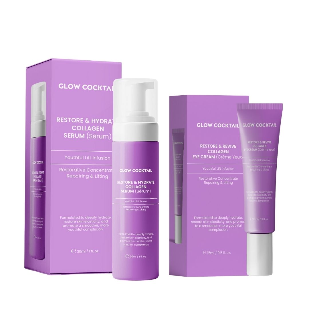 Drei lila Produktverpackungen. Serumflasche und Augencreme-Tube. Text: Glow Cocktail, Restore & Hydrate Collagen Serum und Eye Cream.