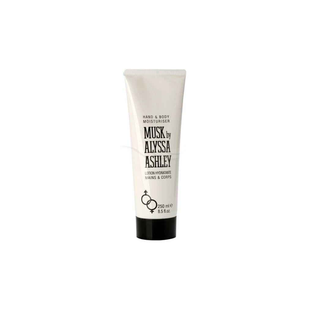 Alyssa Ashley Musk Hand- und Körperlotion. Weiße Tube mit schwarzem Deckel. Text: "Musk by Alyssa Ashley".