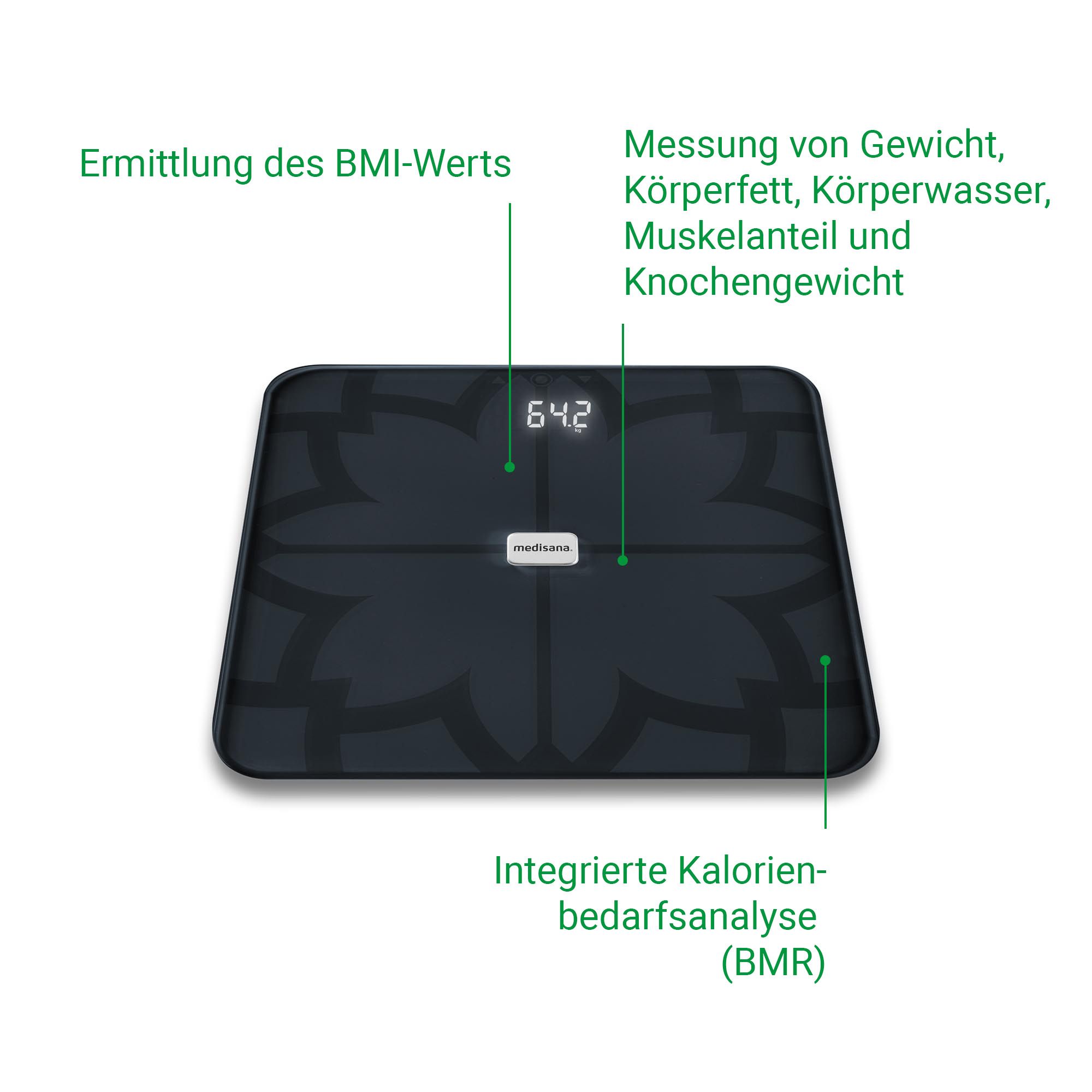 Körperanalysewaage mit Anzeige von BMI, Körperfett, Wasser, Muskeln und Knochengewicht.
