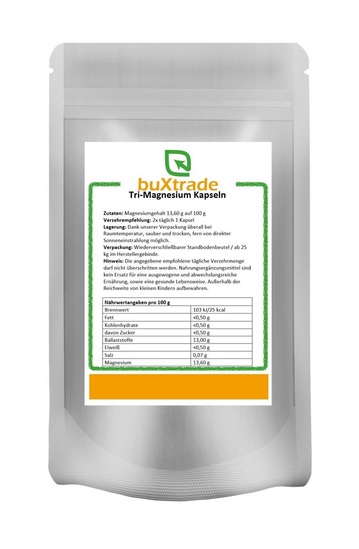 Beutel mit "buXtrade Tri-Magnesium Kapseln". Grün umrandetes Etikett mit Nährwertangaben. Wiederverschließbarer Standbodenbeutel.
