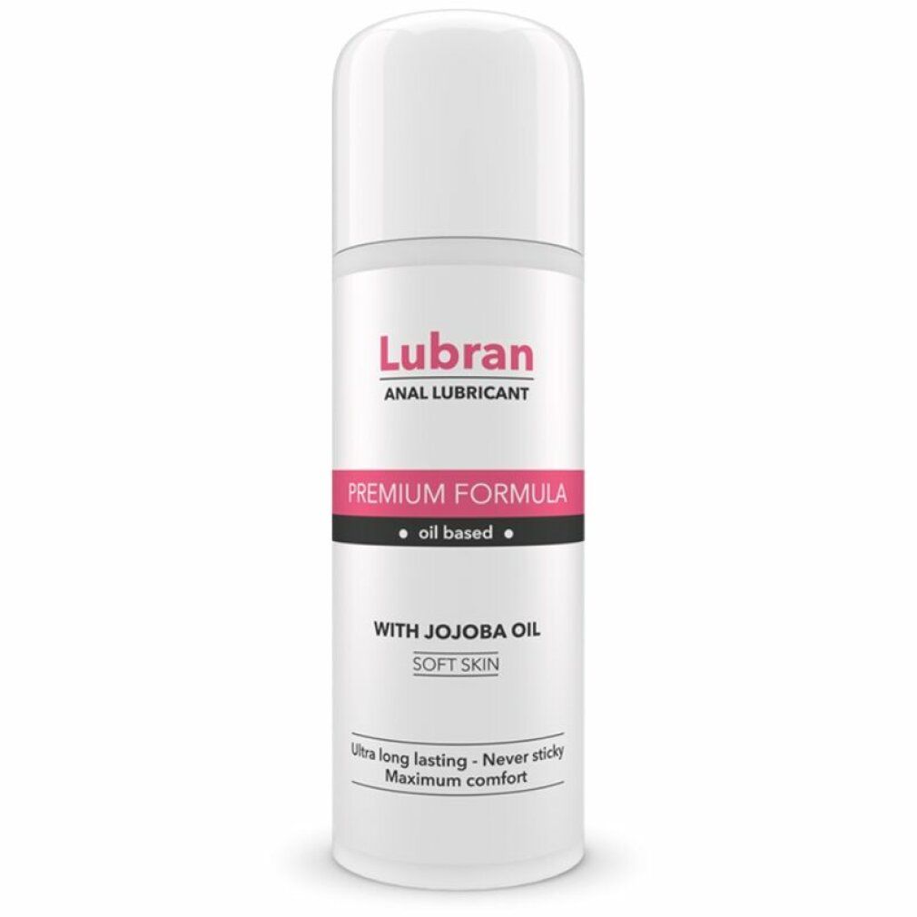 Weiße Flasche mit Lubran Anal-Gleitgel, Jojobaöl, Premium-Formel, ölbasierte Textur.