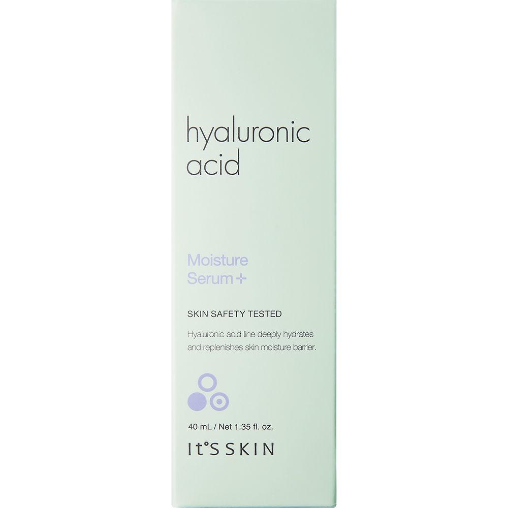 Hellgrüne Verpackung. Beschriftung: Hyaluronic Acid, Moisture Serum+, It's Skin. Text über Hautfeuchtigkeit. 40 ml.
