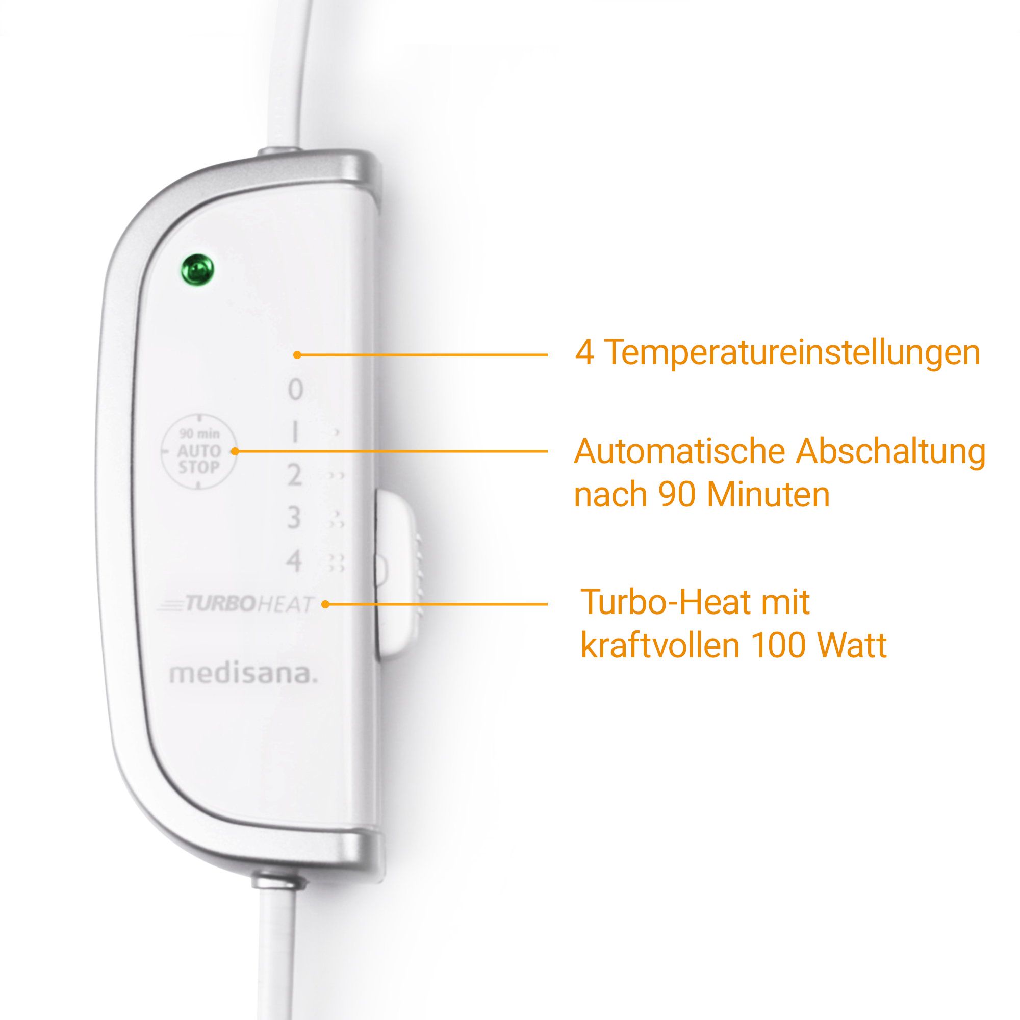 Bedienelement des Nackenheizkissens mit 4 Temperatureinstellungen und Turbo Heat.