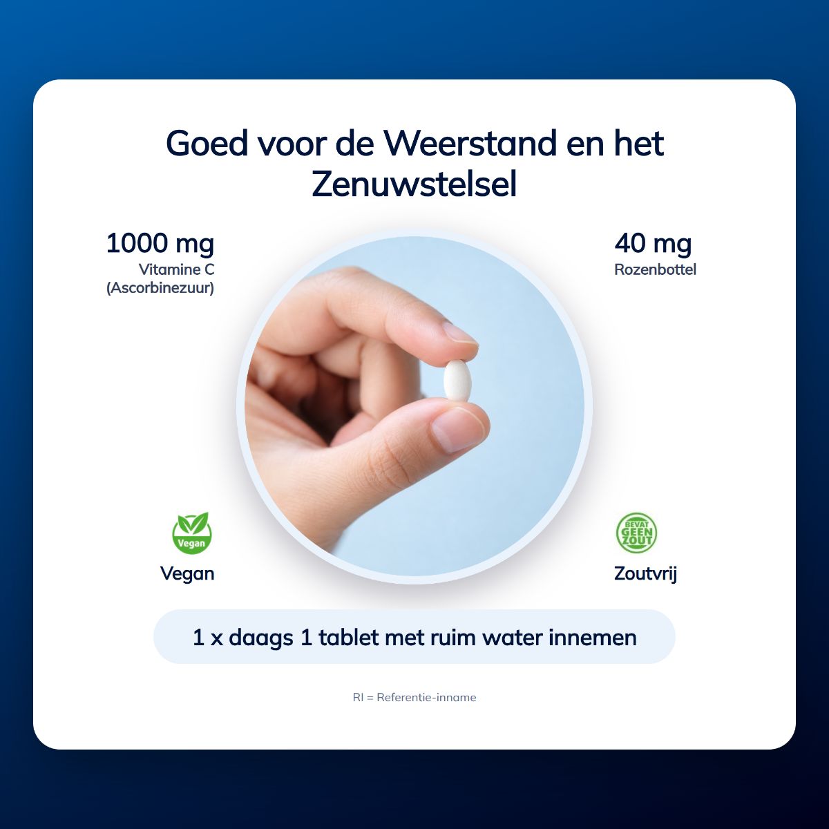 Eine weiße Tablette mit 1000 mg Vitamin C und 40 mg Hagebutte, vegan und zuckerfrei.
