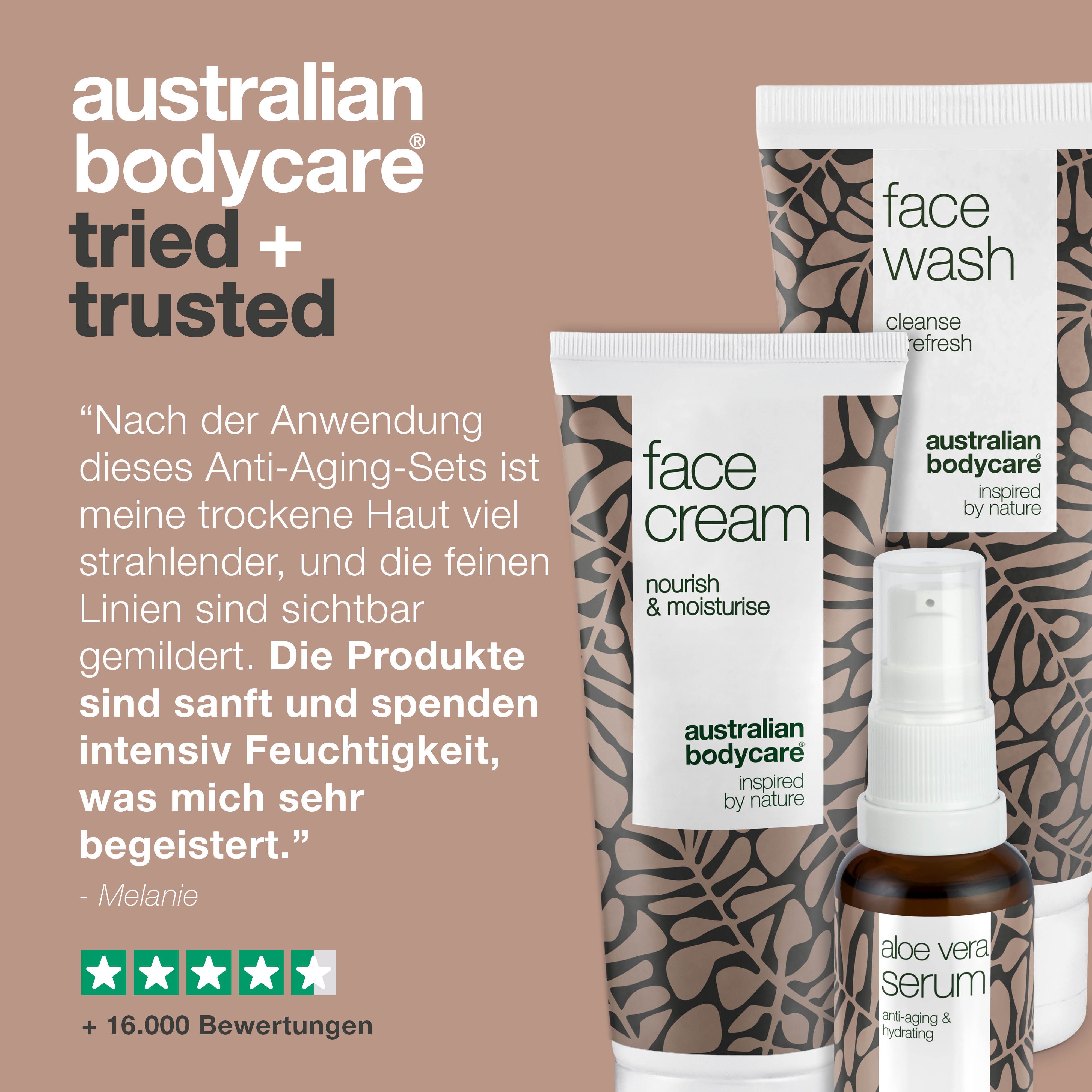 Gesichtspflege-Set. Text: tried + trusted. Zitat. 5 Sterne Bewertung. Produkte: Face Wash, Face Cream, Serum.