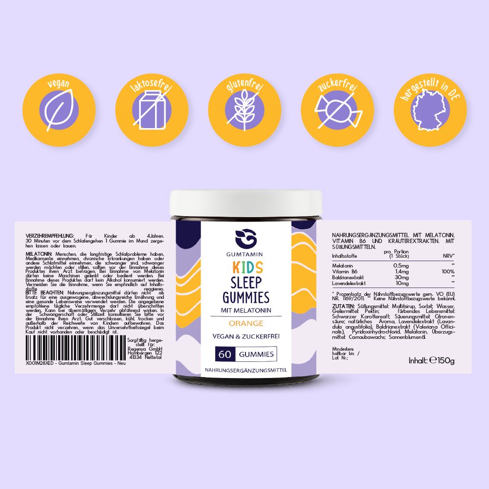 Dose mit Etikett. Aufschrift: Gumtamin, Kids Sleep Gummies, Orange, 60 Gummies. Logos: vegan, laktosefrei, glutenfrei, zuckerfrei, hergestellt in DE.